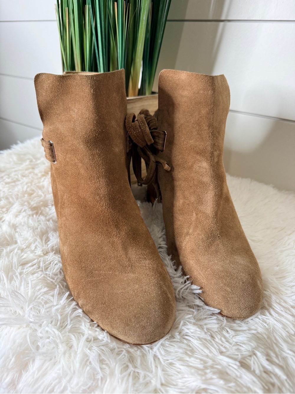 Rag & Bone Dalia II Suede Studded Tassel Tie Chunky Heel Bootie Camel Size 39 - Picture 5 of 10